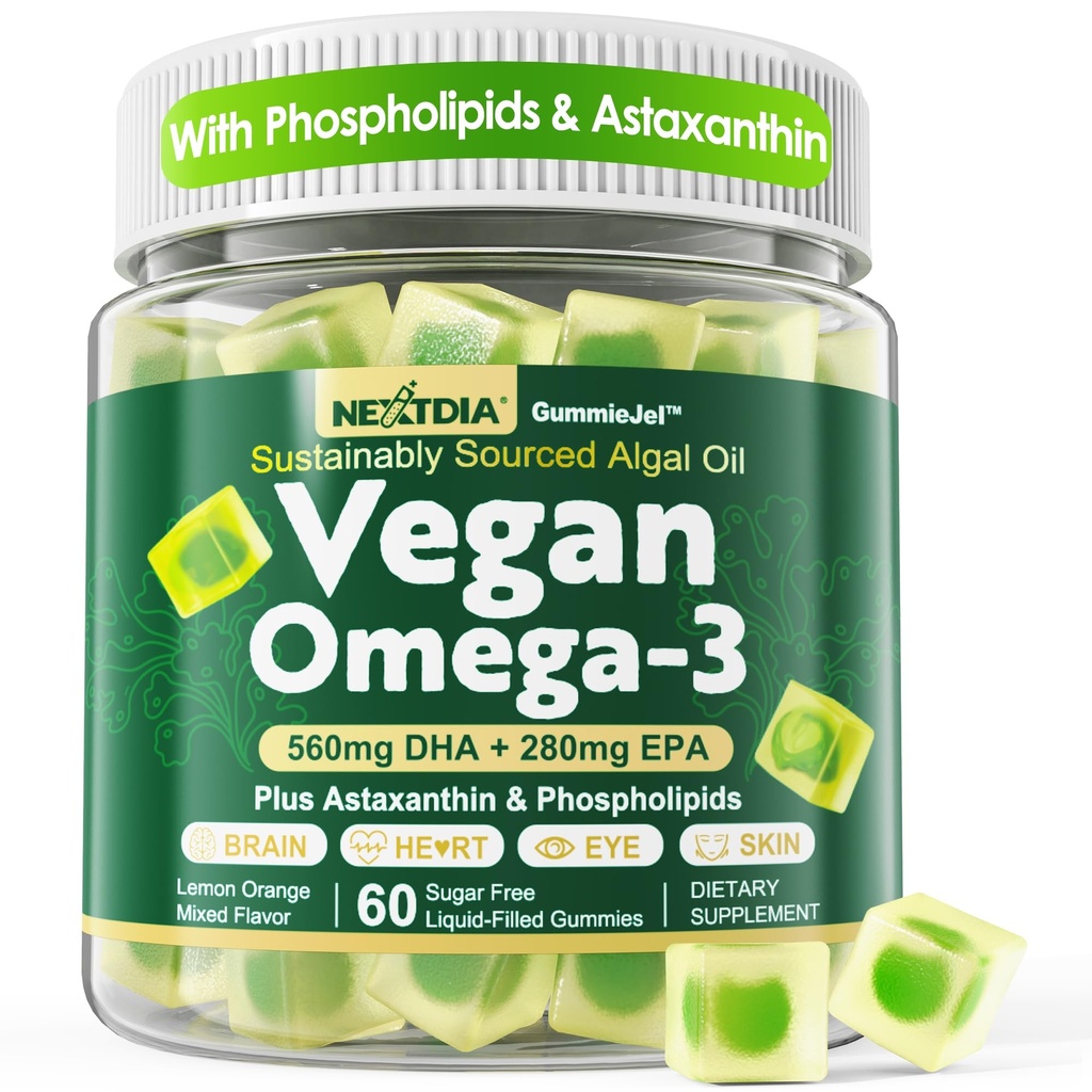 Vegan Omega 3 Gummie + Fosfolipidy, Astaxanthin, Vitamin D3, DHA 560mg & EPA 280mg, Fish- Free Algae Omega 3 dodatek pro dospělé a děti pro mozek, oko, kůži a celkové zdraví, cukr zdarma, 60 Cts