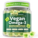 Vegan Omega 3 Gummie + Fosfolipidy, Astaxanthin, Vitamin D3, DHA 560mg & EPA 280mg, Fish- Free Algae Omega 3 dodatek pro dospělé a děti pro mozek, oko, kůži a celkové zdraví, cukr zdarma, 60 Cts