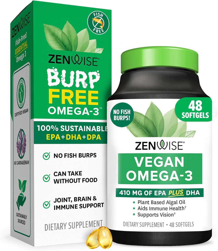 Zenwise Health Vegan Omega 3 Supplement - Bezproblémový Omega 3 dodatek s DHA, EPA a DPA mastné kyseliny pro imunitní zdraví - Rybí olej Alternativní od udržitelně sourced mořské řasy olej - 48 Softgels