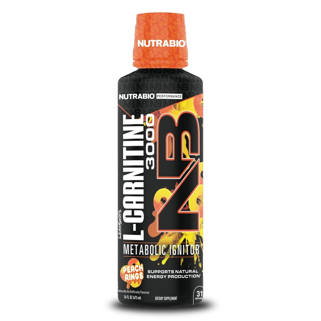 NutraBio - L- karnitinové kapalné výstřely - 3000mg, (Peach Rings) - 10mg vitaminu B- 5 - Nulové sacharidy & Sugars - Výroba energie - Svalová obnova