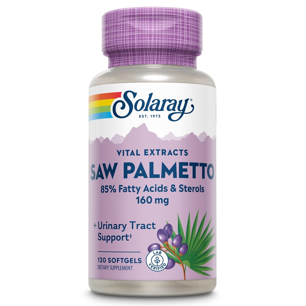 SOLARAY Saw Palmetto Extract - Podpora prostatního zdraví a močení - 136 mg mastných kyselin a sterolů - Laboratorní ověřená, 60denní záruka vrácení peněz (120 Služeb, 120 Softgels)