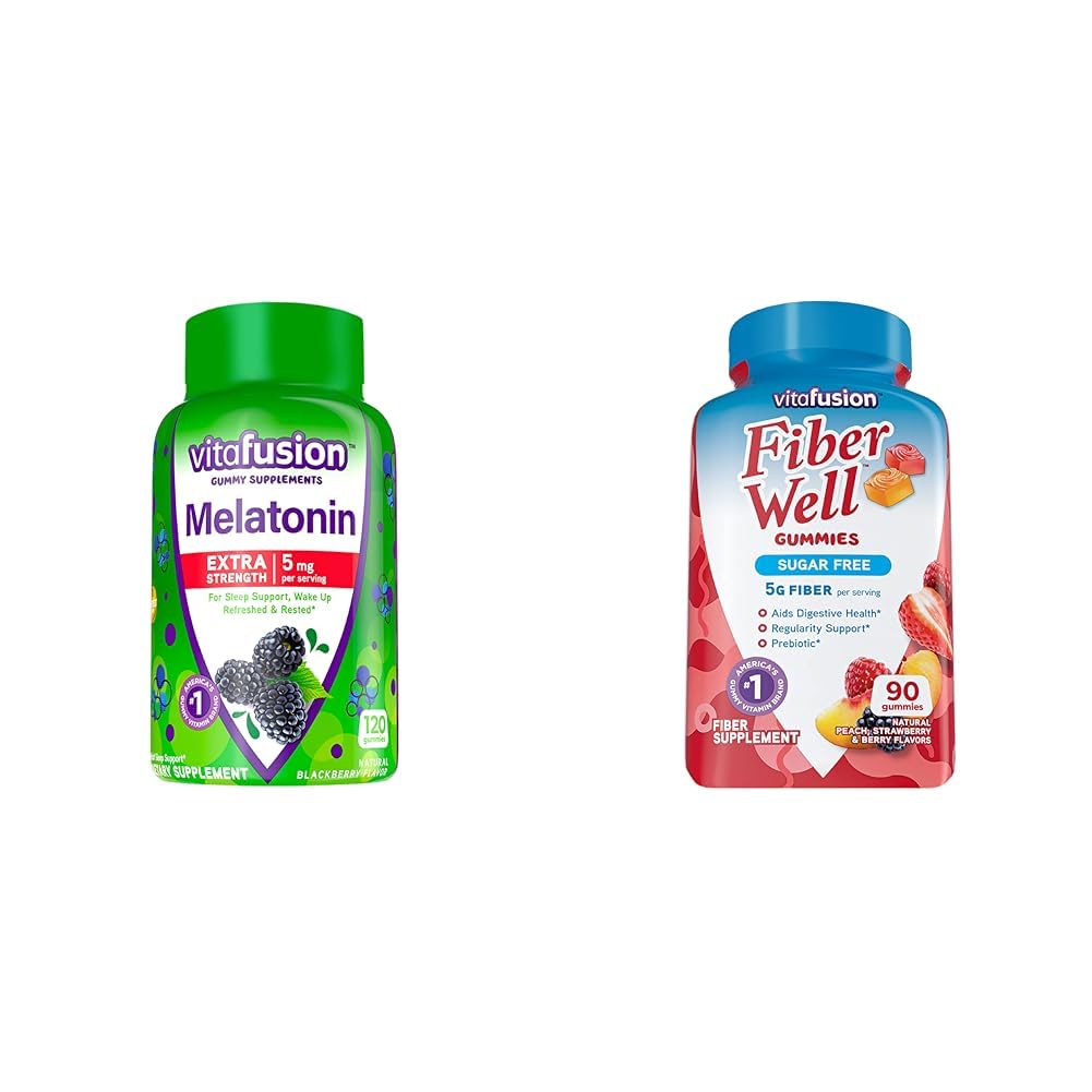 Vitafuze Extra síla Melatonin Gumový Vitamíny, 5mg, 120 ct Gummies & Fiber Well Supplementary, Peach, Jahody a BlackBerry ochucené doplňky, 90 Počet