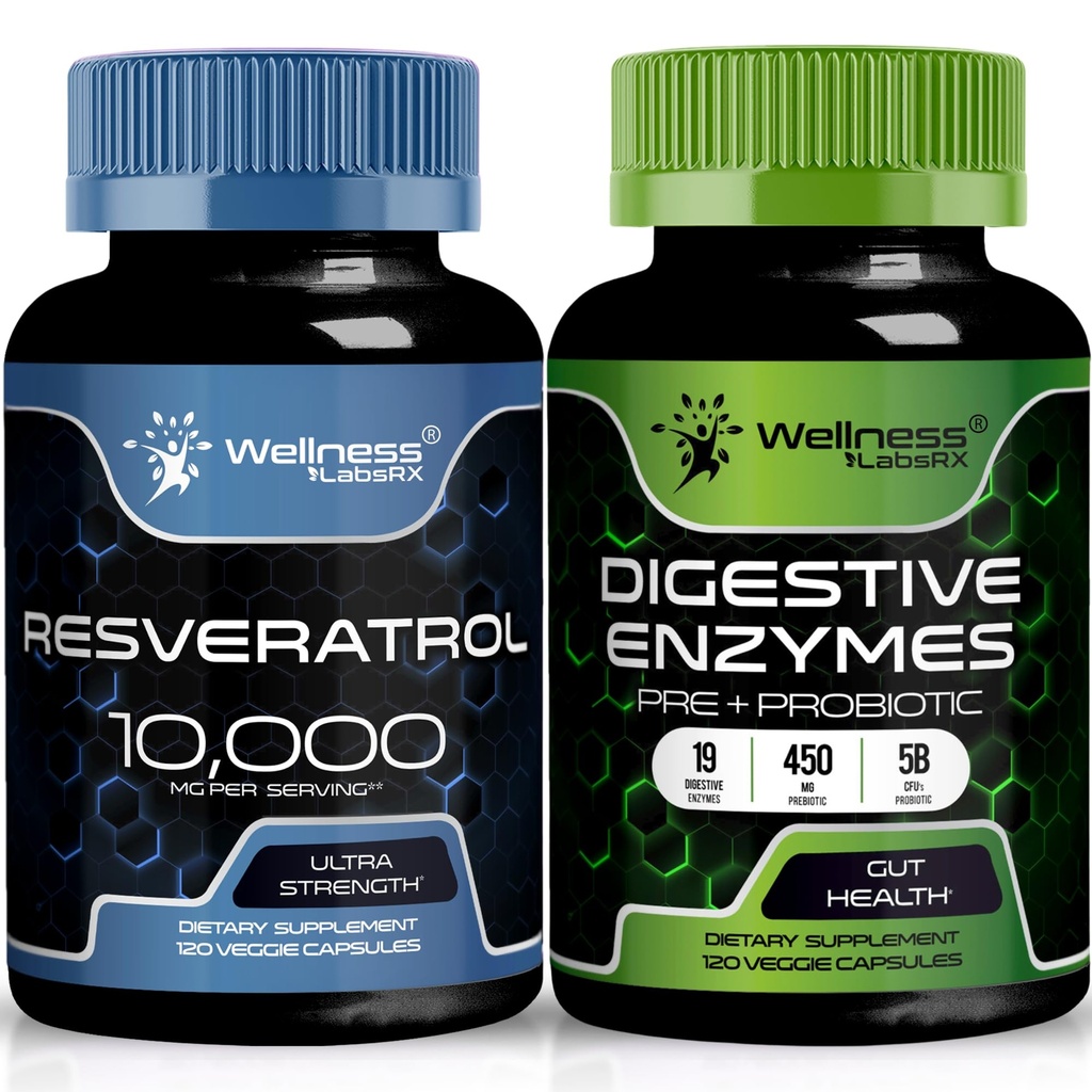WELLNESS LABSRX Resveratrol Kapsle 10 000 mg - Digestivní Enzymy 450mg