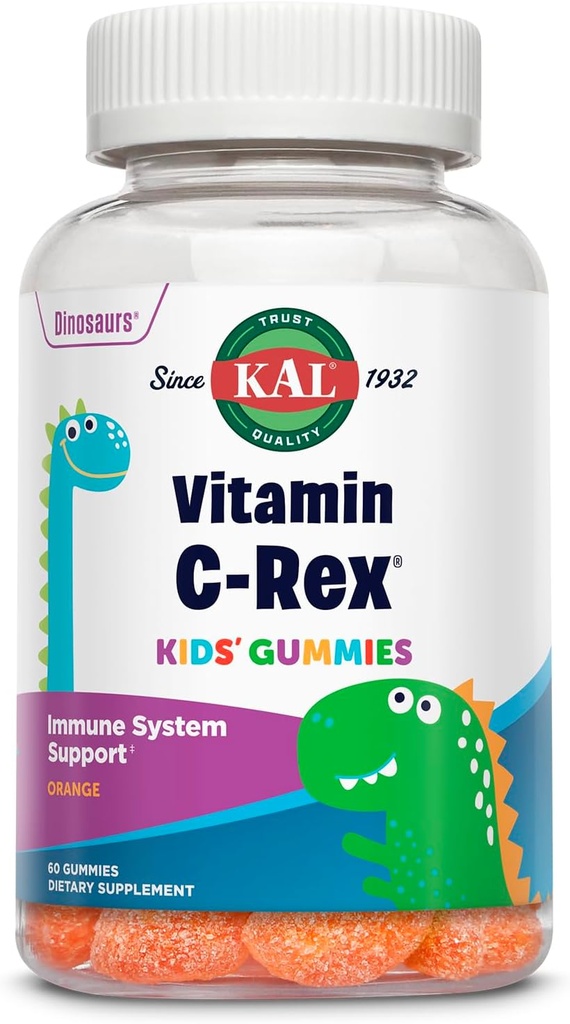 Kal Vitamin C- Rex Dětské gumy, Vitamin C Gummies pro děti, Zdravá imunita, Kost, Svalovina & Kožní podpora Vitamin C Gummy, Vegan, Gluten zdarma, 60 Day Záruka vrácení peněz, 30 Služeb, 60 Gummies