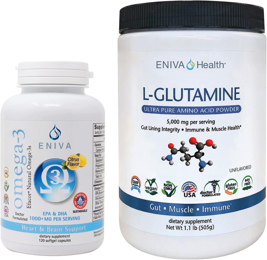 Eniva L- glutamin Powder, 1,1- Pound and Omega-3 Fish Oil (60 čepice)