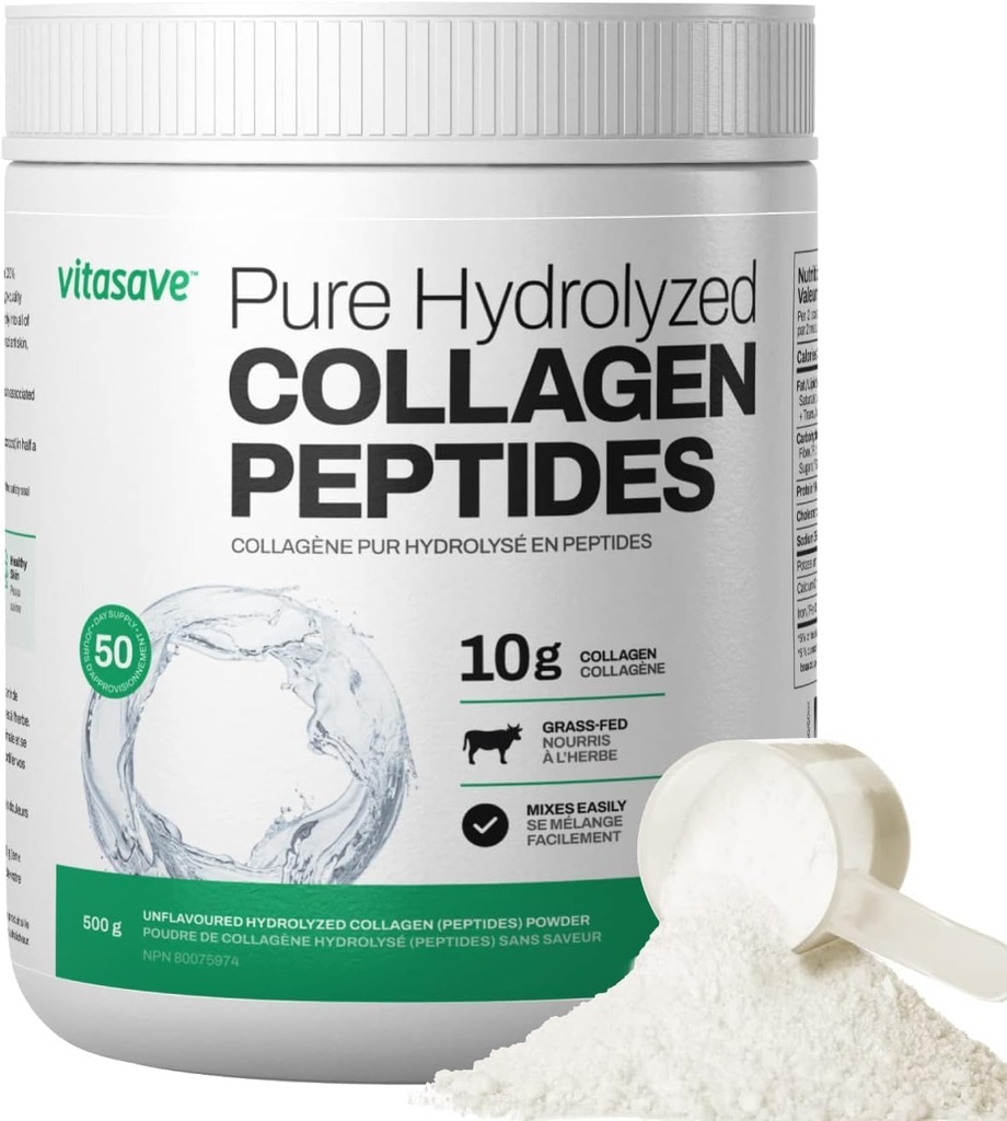 Vitasave Collagen Peptides Powder - 10g Hydrolyzované kolagen per Serving - Neochucený, Grass- Fed, Keto Friendly - kůže, vlasy, nehty a společná podpora - 500g