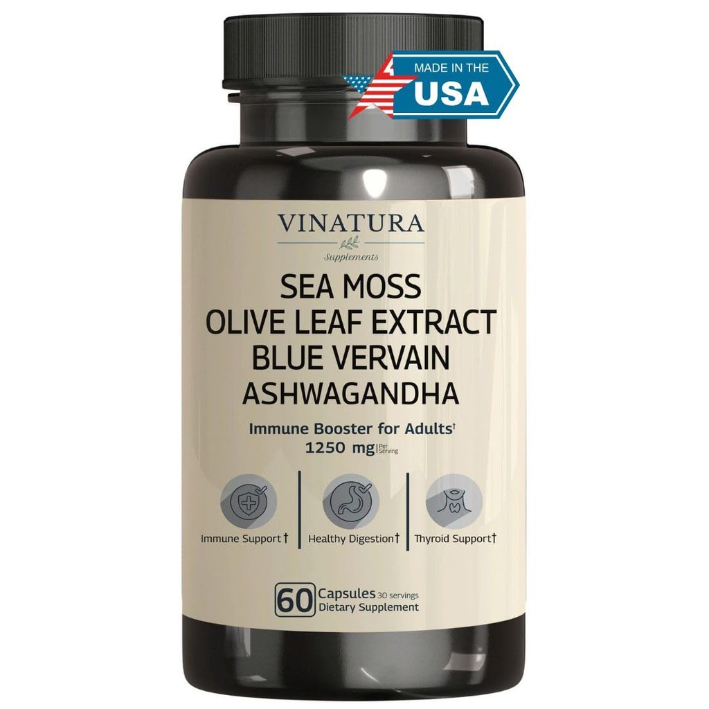 VINATURA Organic Sea Moss, Blue Vervain - s černým semenným olejem, Ashwagandha, Ginger, Burdock Root Capsules - 1250mg per Serving, * USA Made & Tested * Imunitative Booster pro dospělé