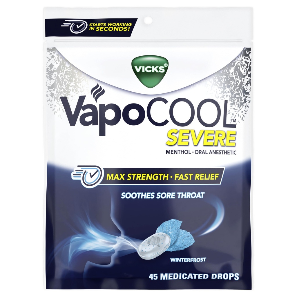 Vicks VapoCool Těžké medikované Sore Throat Drops, Max Strength Menthol, Soothes Sore Throat Pain, Winterfrost Flavor, 45ct