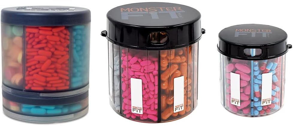 Přídavek Monster Medikace Pill Dipenser s etiketami Compart - Extra velké Pill Container Lahve Handles Téměř každý dodatek - Snadný k odeslání (3 Pack - Monster, Monster Jr & Monster Deset)