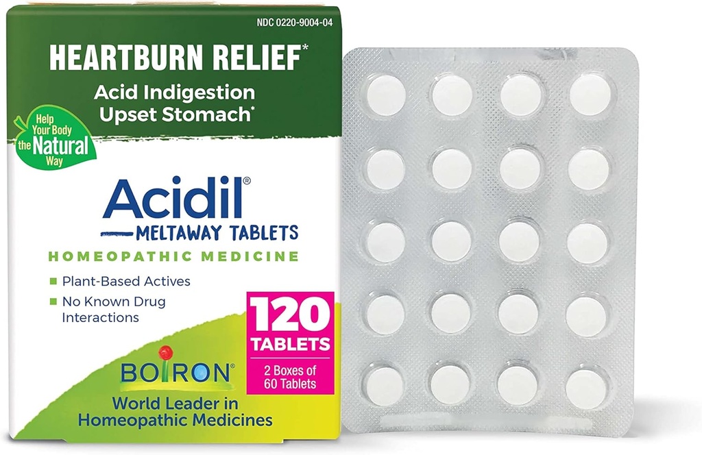 Boiron Acidil Tablety pro úlevu od kyselosti reflux, Heartburn, Ingestion a Upset Stomach - 120 Počet (2 balení po 60)