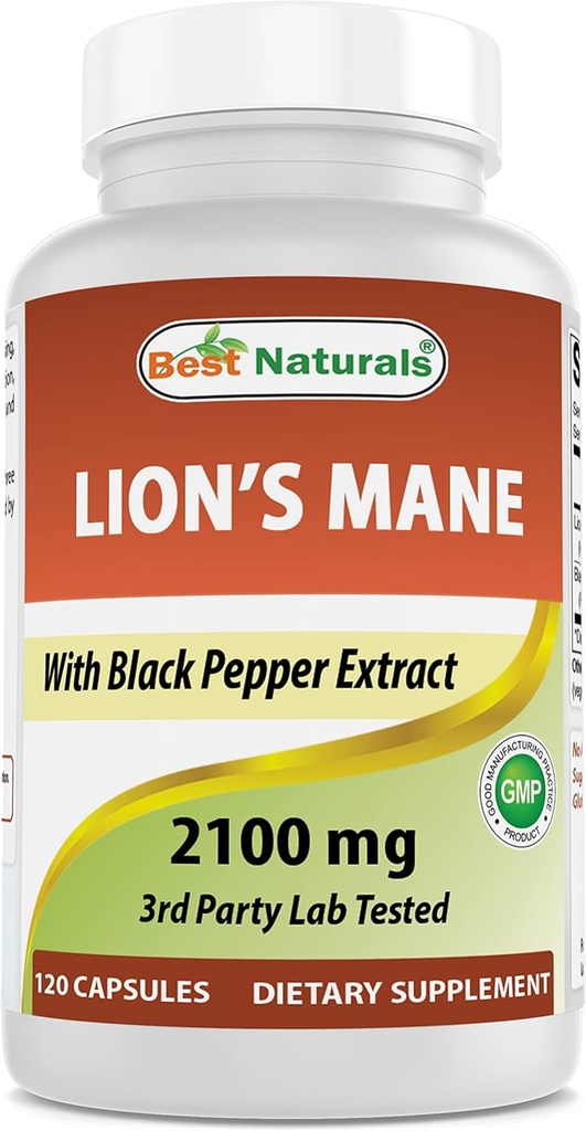 Nejlepší Naturals Lions Mane Houbový dodatek 2100mg - 120 Kapsle - Podporuje duševní jasnost, Focus & Imunní zdraví - Přidáno Black Pepper pro maximální absorpci