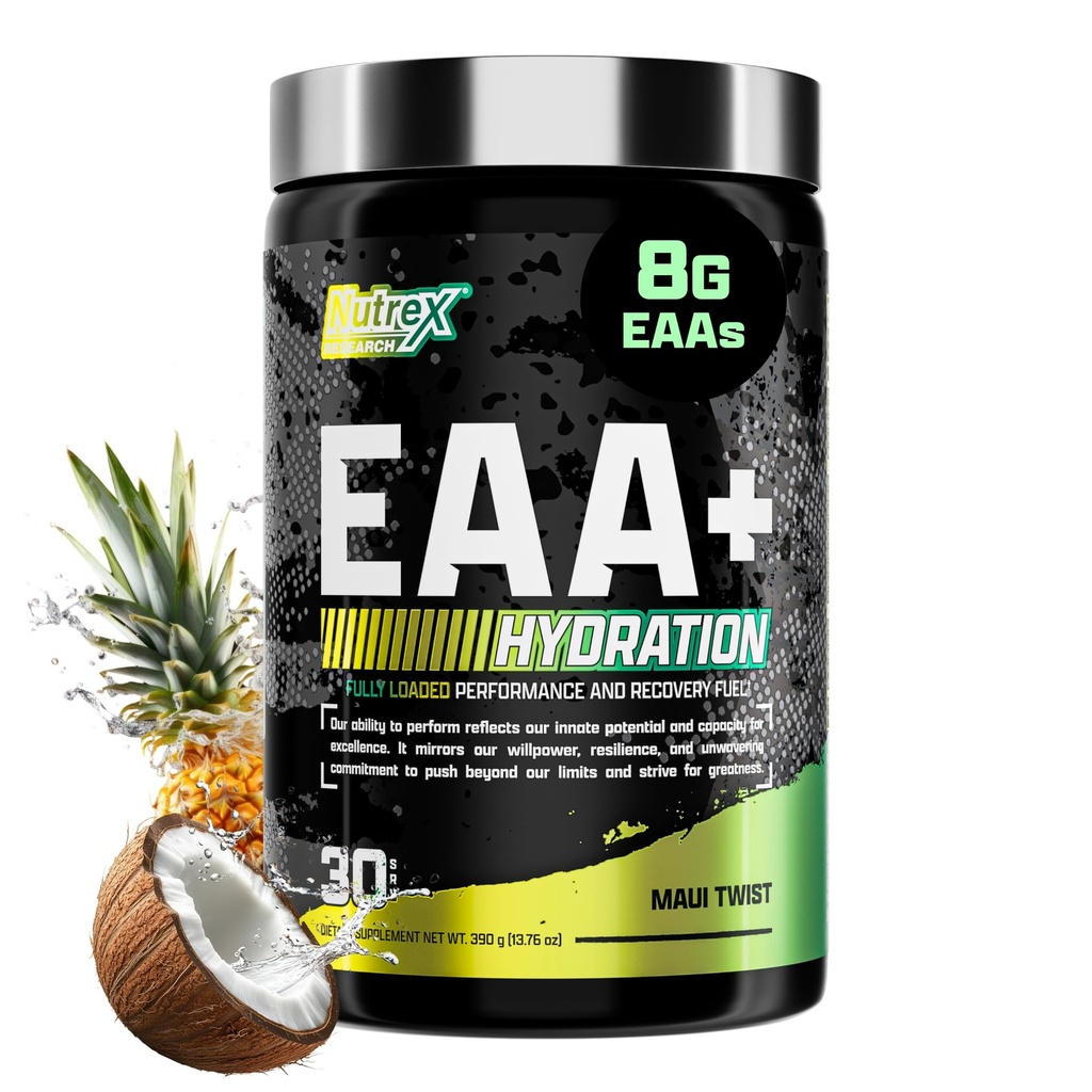 Nutrex Research EAA Hydratace 124; EAA + BCAA prášek 124; Muscle Recovery, síla, budování svalů, Endurance 124; 8G Esenciální aminokyseliny + Electrolytes 124; Maui Twist Flavor 30 Serving