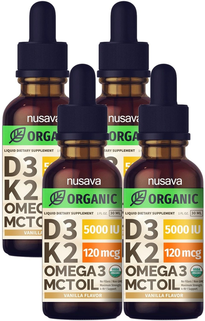 (4 balení) Organický vitamin D3 K2 Kapky s MCT Oil Omega 3, 5000 IU, Maximální síla vitaminu D Liquid - žádné plniva, Non- GMO Liquid D3 pro rychlejší absorpci a imunitní podporu (Vanilla, 4 Fl Oz)