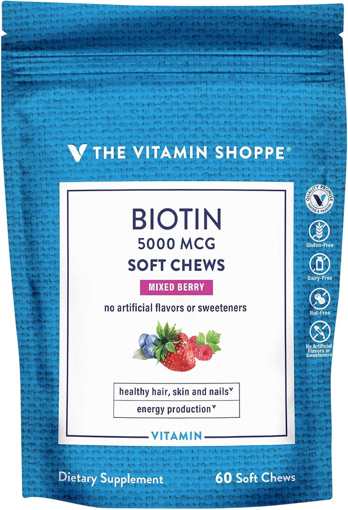 Vitamin Shoppe Biotin měkké Chews pro vlasy, kůže a nehtové podpory - 5,000mcg - Smíšené Berry (60 měkkých Chews)