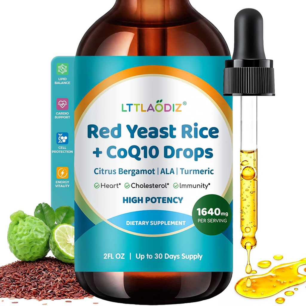 1200mg Red Yeast Rice with CoQ10 Liquid Supplement, Red Yeast Rice Extract for Cholesterol Levels Formula with Alpha Lipoic Acid & Citrus Bergamot, 2 fl oz, Citrinin Free