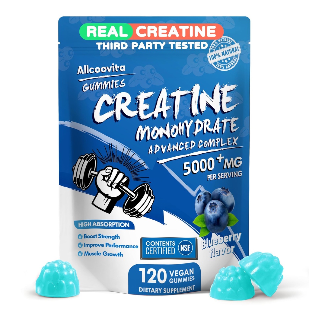 Creatine Monohydrát Gummies Komplex pro muže a ženy - 120 Gummies Advanced Formule, L- Taurin + Vitamin B12 pro svalovou sílu, budování svalů, Energy Boost, Předcvičení doplněk -Borůvka