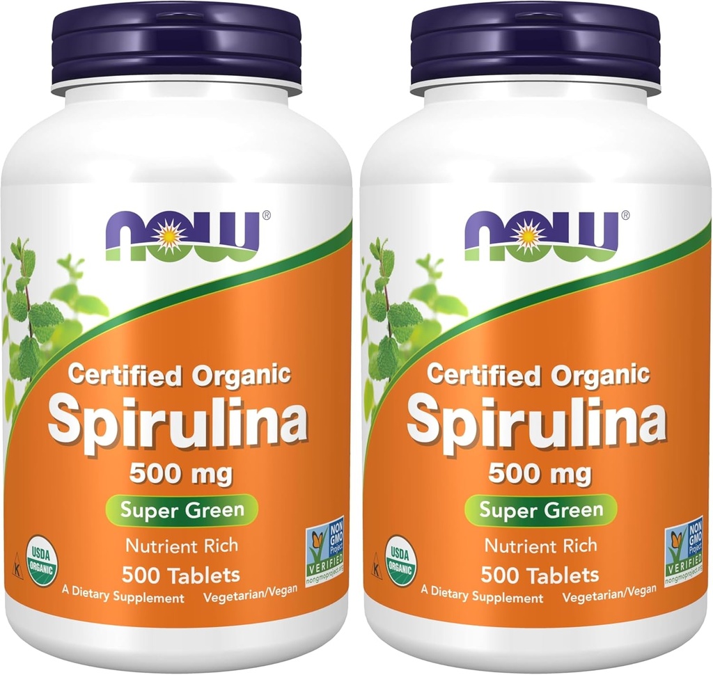 Nyní doplňky, Organic Spirulina 500 mg s vitamíny, minerály a GLA (kyselina gama- linolenová), 500 tablet (balení po 2)