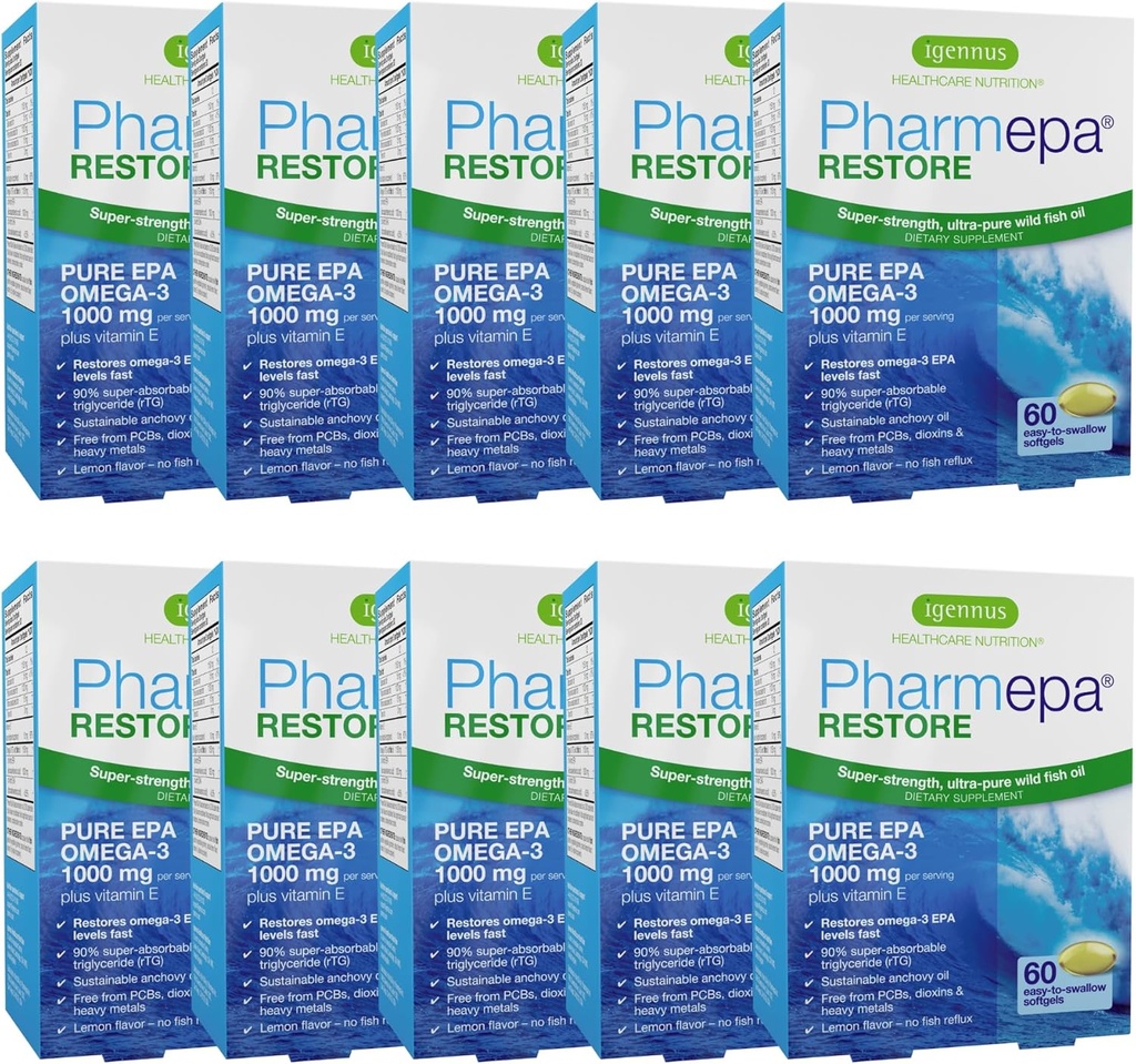 Igennus Pharmepa Restore, Pure EPA 1000mg, Omega 3 rTG Fish Oil, IFOS Certified, High Absorpce, 90% Koncentrace Triple Strength, Wild & Sustainable, Lemon Flavor, 10- měsíční dodávka, balení 10