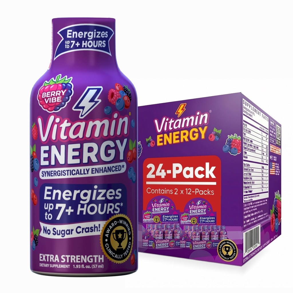 Vitamin Energy Mood + Extra Síla Energy Shot Tropical Berry 24 Pack, 260mg přírodní kofein, B-Vitamíny, Rhoddiola, Heřmánek, Mood & Energy Support, Nulový cukr, gluten- Free, Vegan, 1.93 fl oz