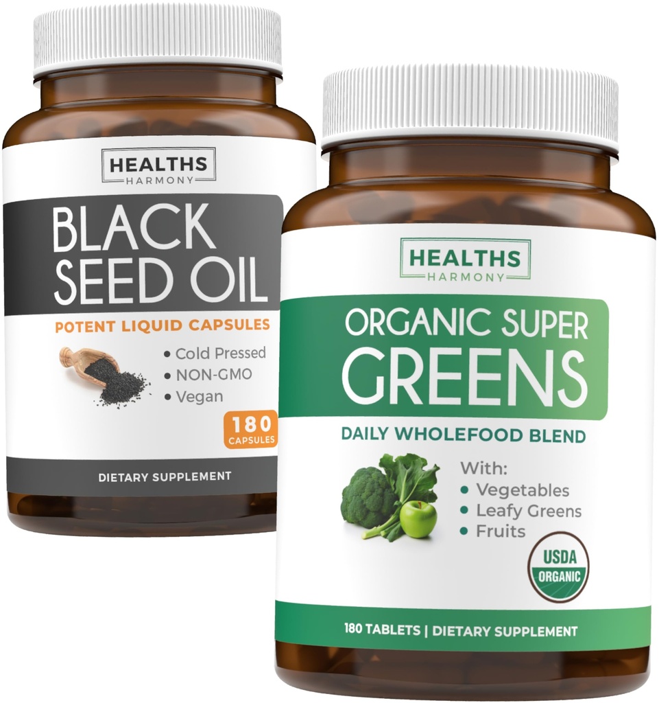 Black Seed Oil & Organic Super Green (3-Month Supply) Seed & Sprout Bundle of Black Seed Oil (180 Kapsle) Cold- Pressed Nigella Sativa & Organic Super Green Powder (180 Tablety) Kompletní Superfood