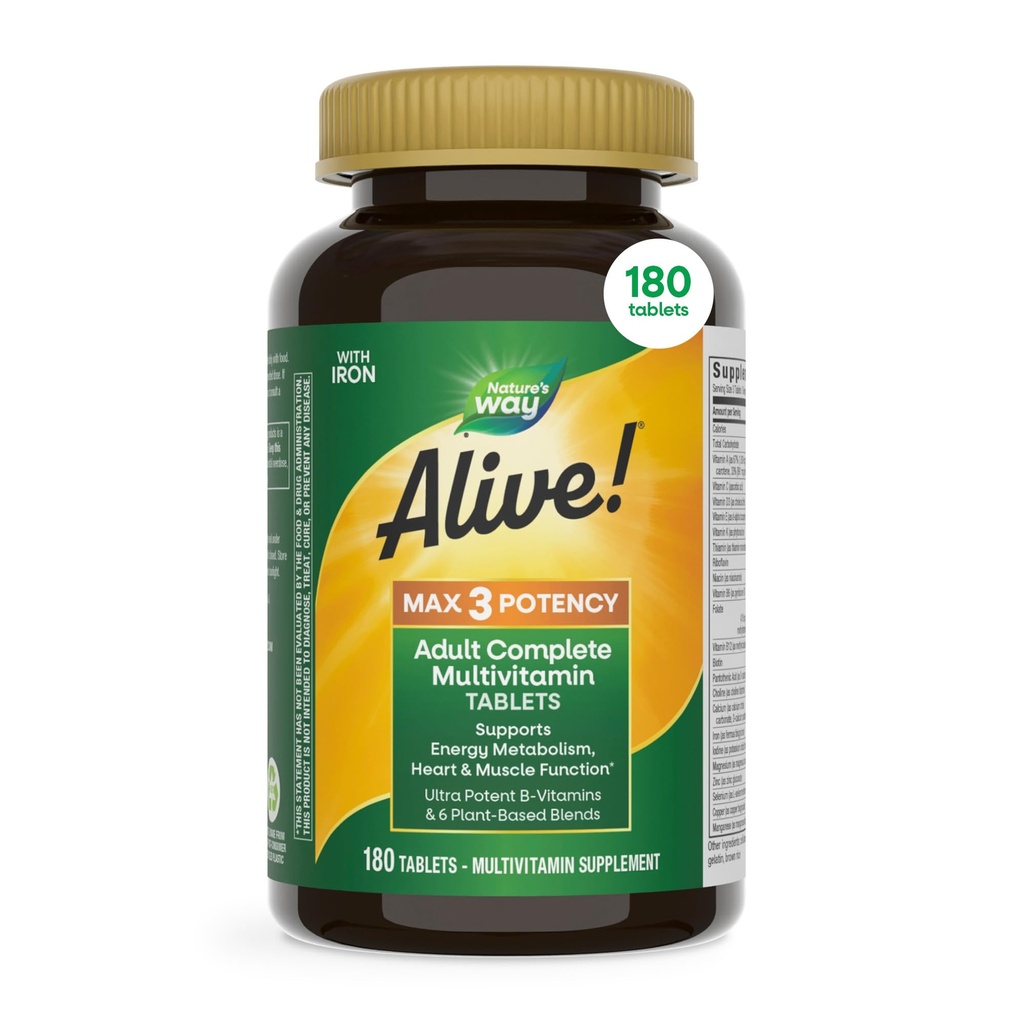 Příroda žije! Max3 Potency Daily Multivitamin, Methylovaný B12 a folát, Ultra potency B- vitamíny na podporu metabolismu energie *, 180 Tablety