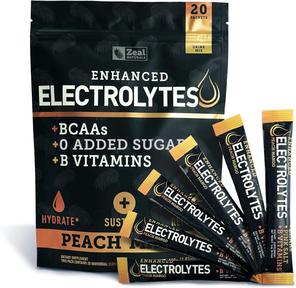 Vylepšený Electrolyte Powder (Peach Mango 20pk.) w 0 Cukr + BCAA + B-Vitamíny Electrolyte Supplement w Draslík Zinek & Magnesium pro hydrataci - Keto Electrolyty