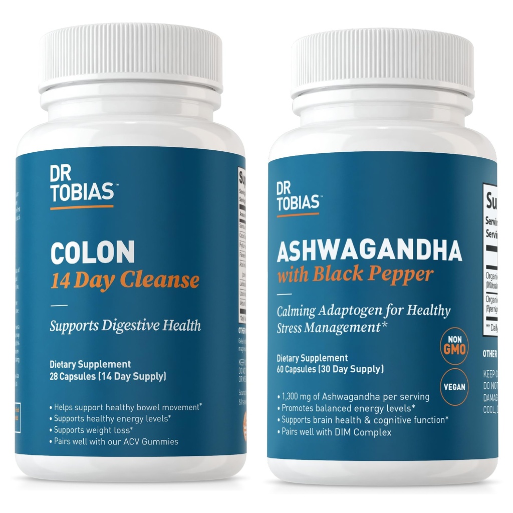 Dr. Tobias Colon 14 Day Cleanse a Ashwagandha Kapsle, Colon Cleanse Detox a Calming Adaptogen, Podporuje energii a imunitní zdraví, Non- GMO
