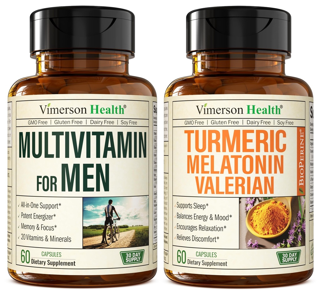Mens Multivitamins + kurkuma Melatonin Valerian Bundle pro společnou podporu a nepohodlí, imunitní zdraví a zánětlivá odpověď