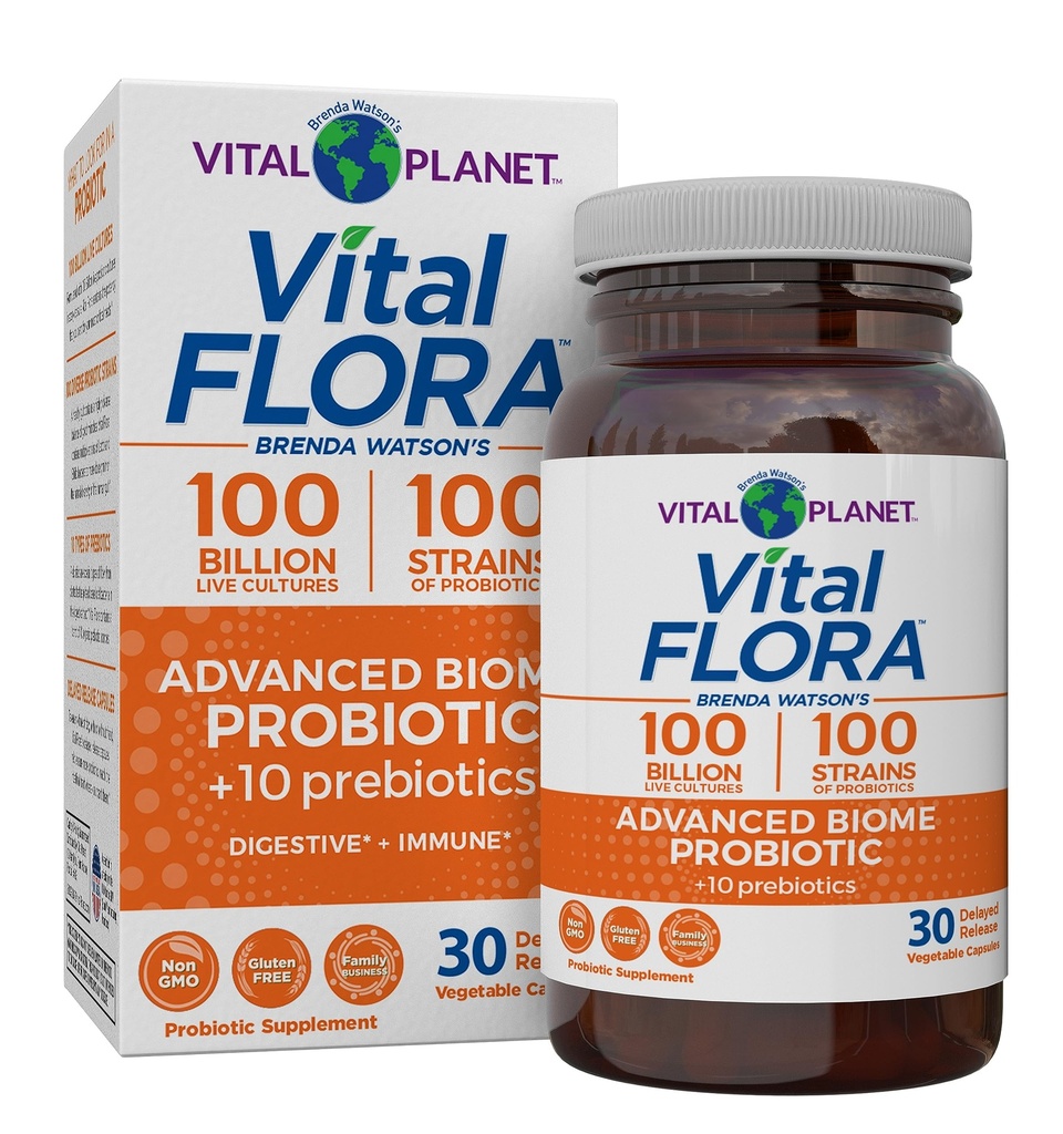 Vital Planet - Vital Flora Advanced Biome Probiotic 100 Milionů CFU, 100 Diverse Strains, 10 Organic Prebiotics, Imunitní podpora, Colon a Digestive Health Probiotics pro ženy a muže 30 Kapsle