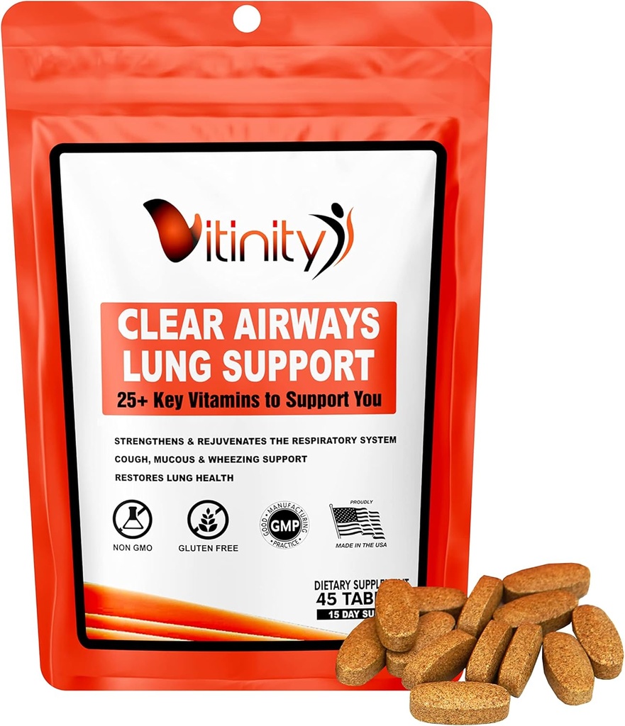 VITINITY Lung Cleanse Respirační imunitní podpora dodatek, 25 + klíčová složka Lung zdraví Detox pro dýchání, Astma, Sezónní alergie Tablet (15 den)