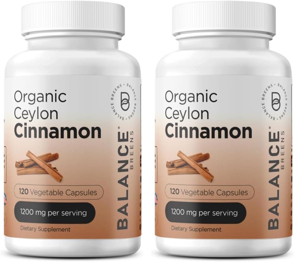Balancebreens Certified Organic Ceylon Cinnamon 1200mg Supplement - 120 Veg Kapsle - Podpora srdce, mozku a společné funkce - Žádné plnicí pilulky (balení po 2)