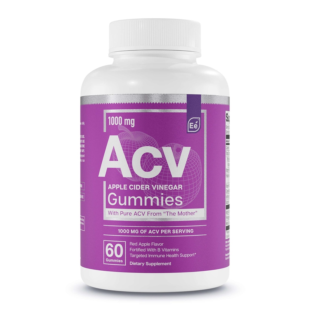 Základní prvky Apple Cider Ocet Gummies od matky - Naturally-Sourced, Vegan ACV s kyselinou listovou a vitamin B6 & B12 60 Počet