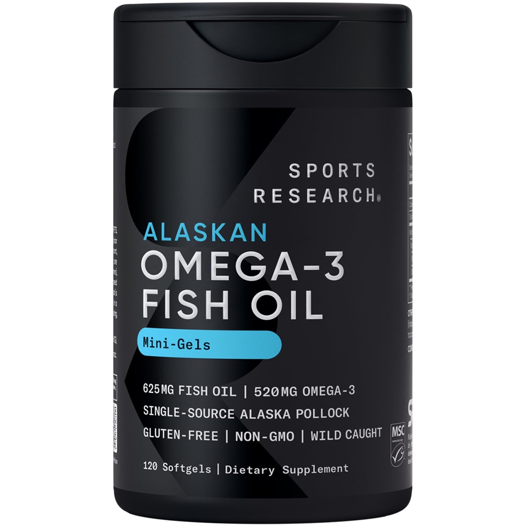 Sport Research Fish Oil Mini-Softgels - Snadno polykat Omega-3 mastné kyseliny z Wild Catched Aljaška Pollock - 625mg, 120 Softgels