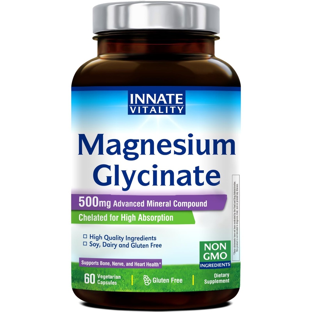 Vrozená vitalita Glycinát hořečnatý 500 mg Glycinát 124; 70mg Elemental Magnesium Supplementa- vysoká absorpce, nepufrované, Non- GMO & No Gluten - Nerve, zdraví kostí a srdce - 60 Veganských kapslí Magnesio