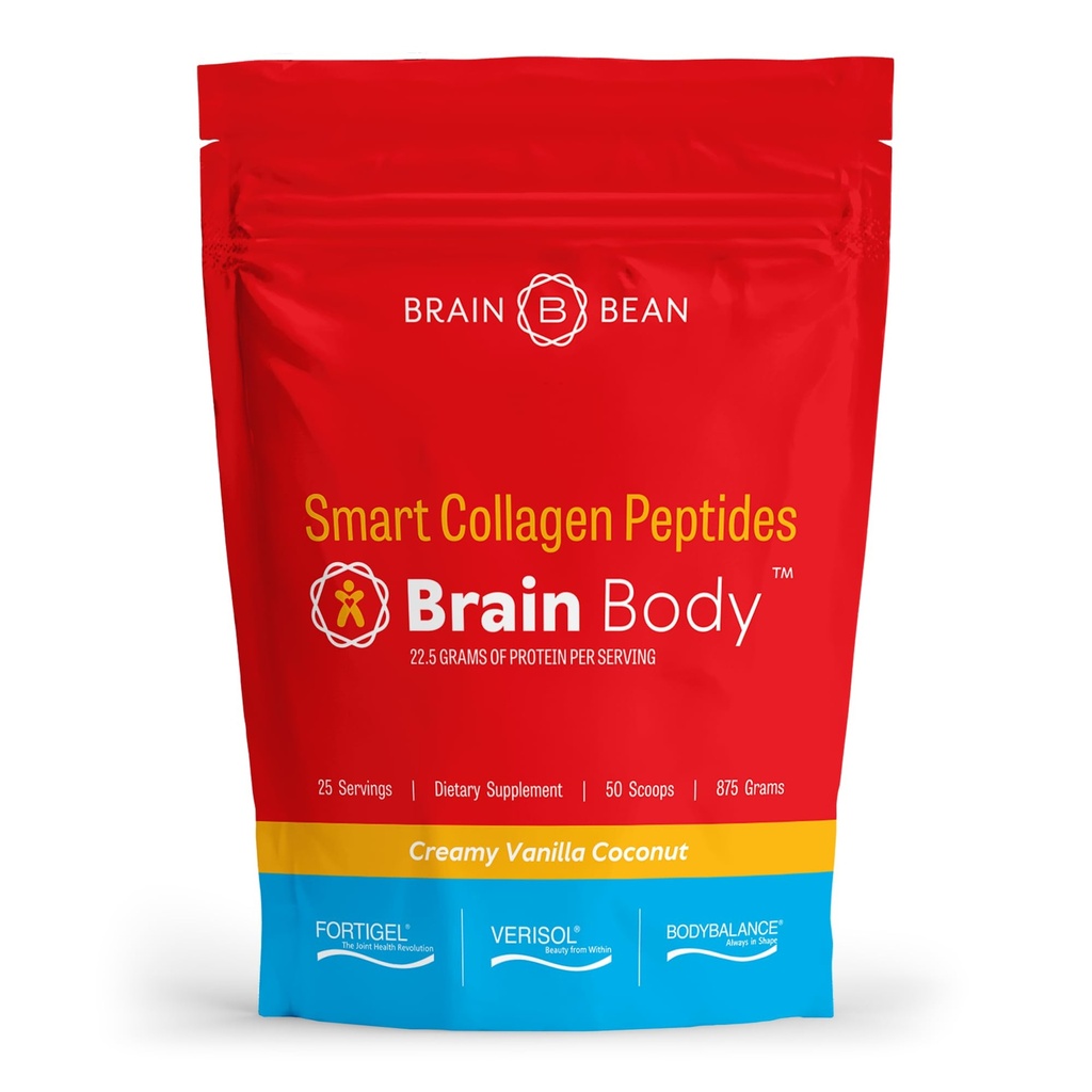 Brain Body Collagen Peptides Powder - Vital Protein & Collagen dodatek pro ženy a muže - Hydrolyzovaný typ I & III pro vlasy, kůži, nehty a společné zdraví - 25 Služeb - Krémový vanilkový kokos - 875g