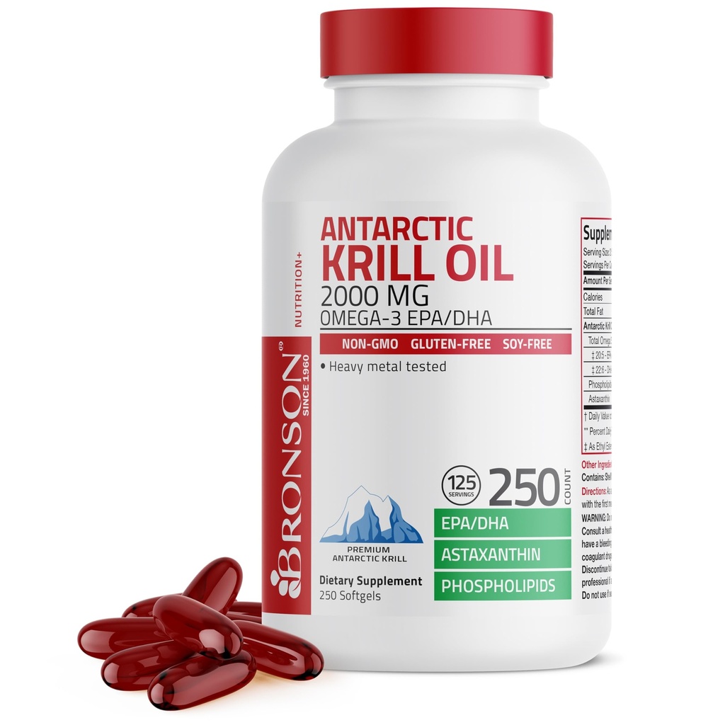 Bronson Antarktida Krill Oil 2000 mg s Omega-3s EPA, DHA, Astaxanthin a fosfolipidy, 250 Softgels (125 Servings)