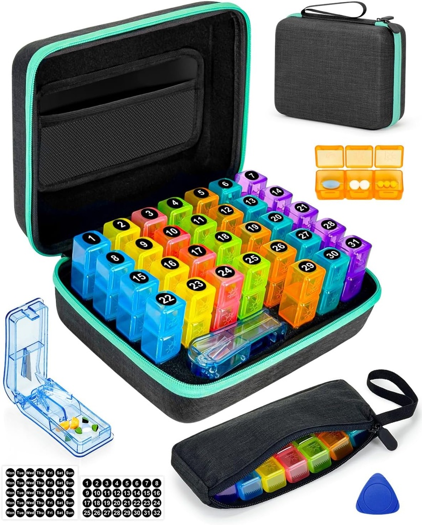 Monthly Pill Organizer 3 krát za den, Friwole Medicine Pořadatel Box s přenosnou tvrdou Shell a Pill Cutter, 31 Day Pill Box s měsíční a týdenní samolepka (3 krát denně)