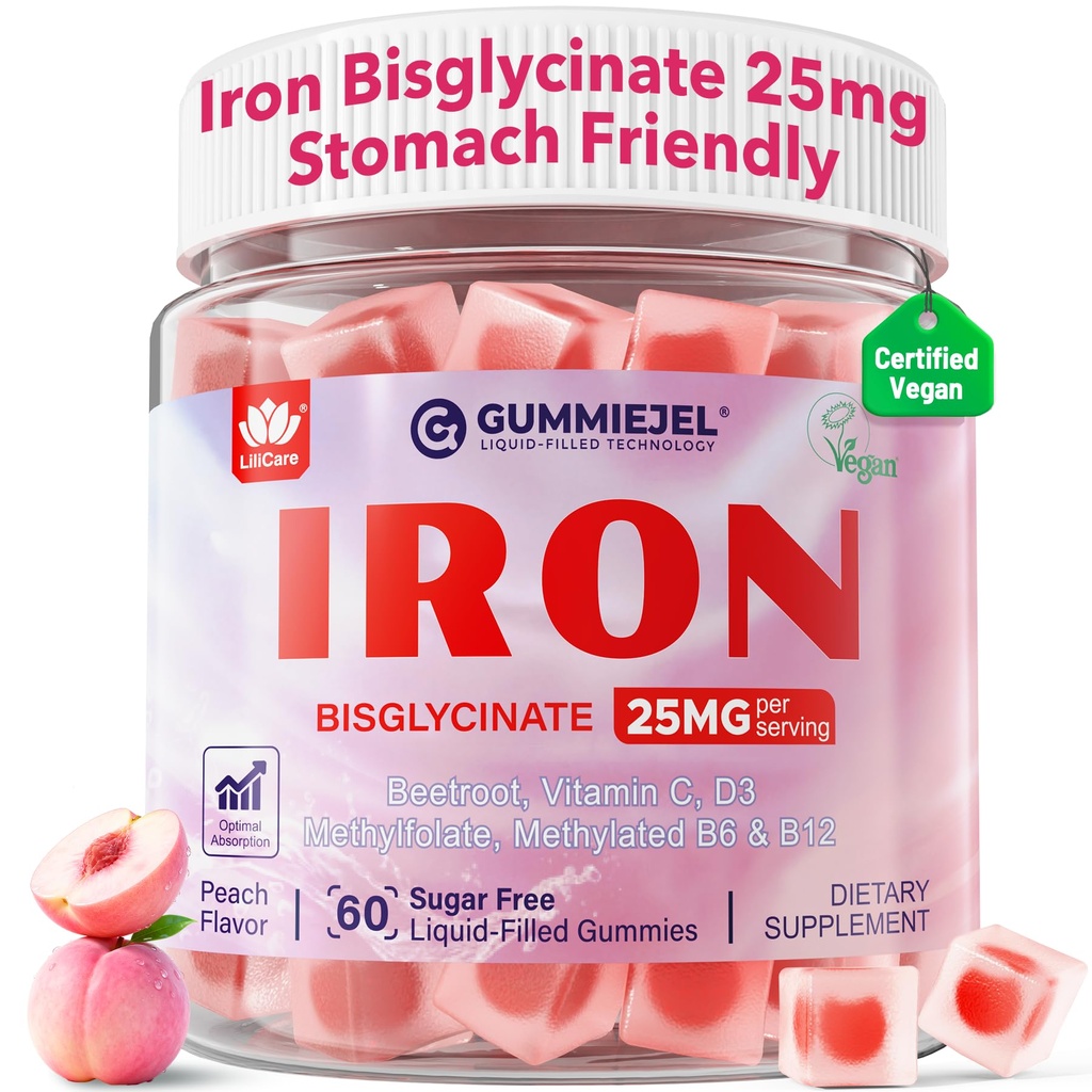 Veganský doplněk železa pro ženy 25mg, Bezcukerné železné gumy s vitamínem C, Methy B12, Folát pro energetické zvýšení, Nedostatek železa, Ne po chuti, Peach Flavor - 60 Počet (balení po 2)