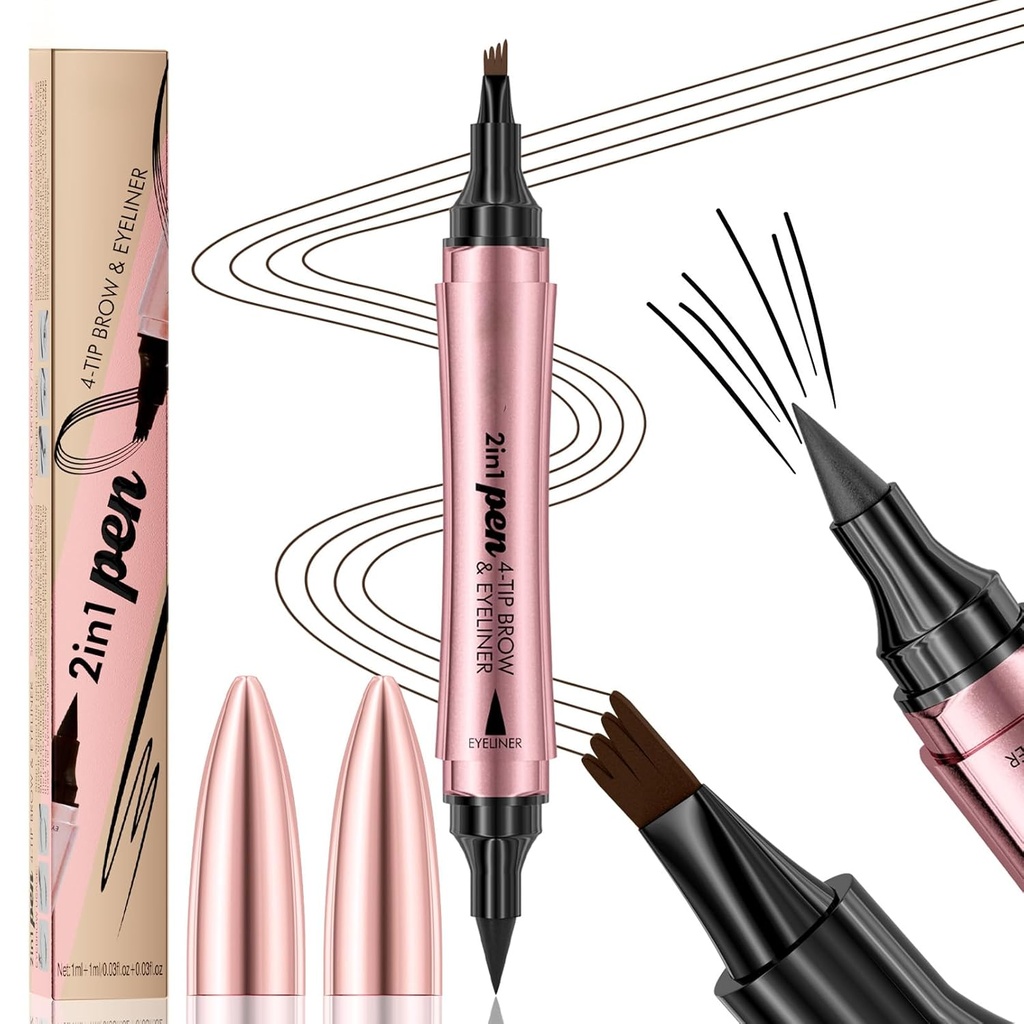 Q710 2in1pen, 4- Tip Brow pen & Eyliner, design s koncovými dubicemi, make-up na obočí, microblading obočí pero, vodotěsné, měkký nib, s jedním hladkým zdvihem (2 # Dark Brown)