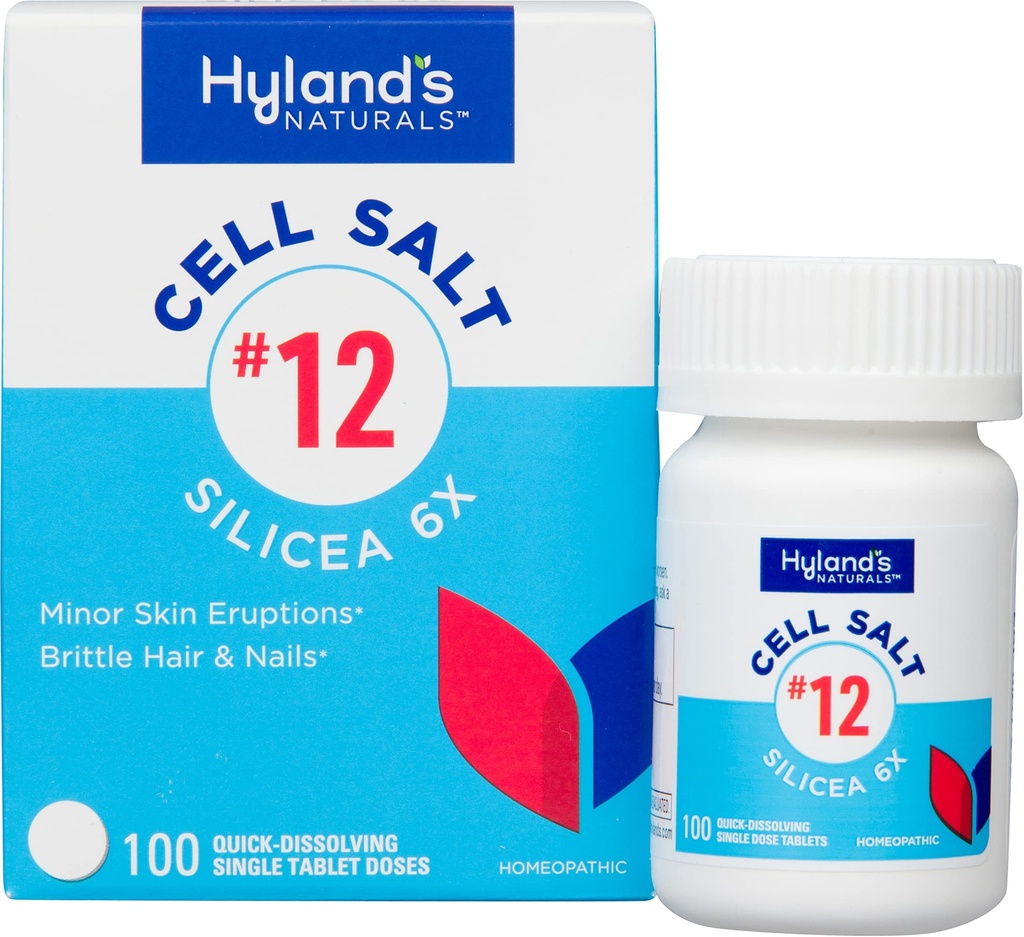 Hyland N. 12 Buněčná sůl Silicea 6X Tablety, Acne a Blackhead Léčba, Vlasy a hřebíky doplněk růstu a posilovač, Kožní podráždění, Rychlé rozpuštění Tablety, 100 Počet