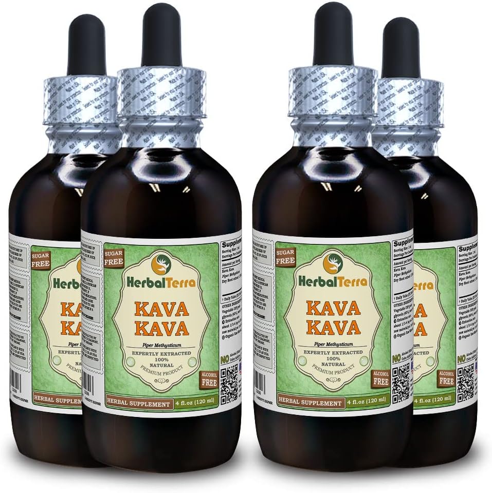 Kava Kava (Piper Methysticum) Glycerit, sušený tekutý extrakt bez kořenového alkoholu (značka: HerbalTerra, Proudly Made in USA) 4x4 fl.oz (4x120 ml)