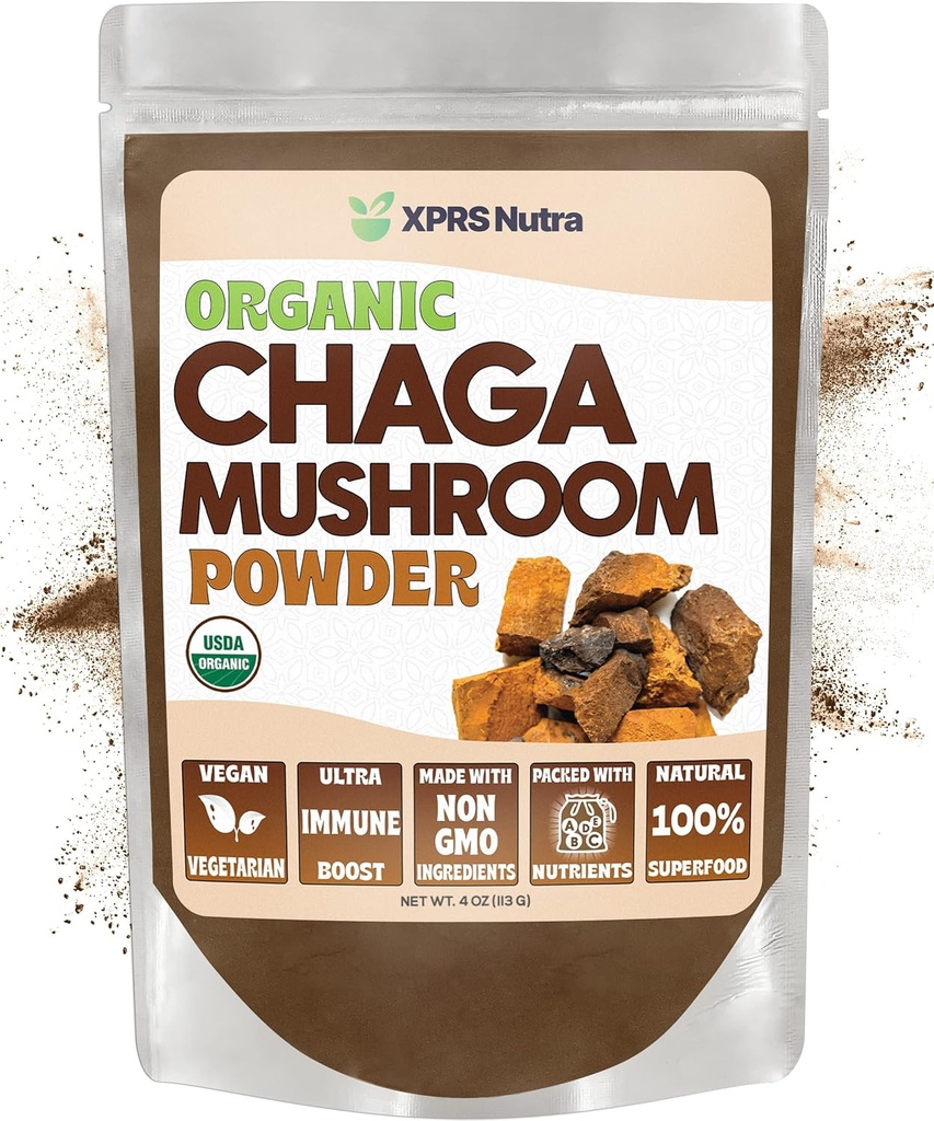 XPRS Nutra Organic Chaga Houba Powder - Premium USDA Organic Chaga Houby Powder - Chaga Powder for Immunity - Vegan Friendly Superfood for Chaga Tea and Behavirages (4 Ounce)