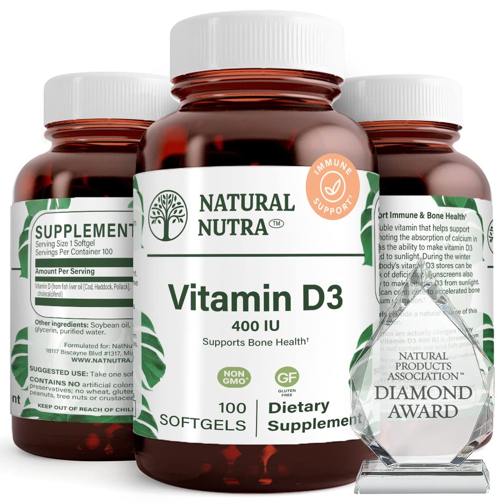 Natural Nutra Supreme Vitamin D3 400 IU Softgels, Pomáhá zvýšit imunitu, Podpora Plíce Zdraví, Sluneční Vitamin, Pomáhá zlepšit kardiovaskulární zdraví, Kost a zuby Síla, Gluten- Free, 100 Softgels