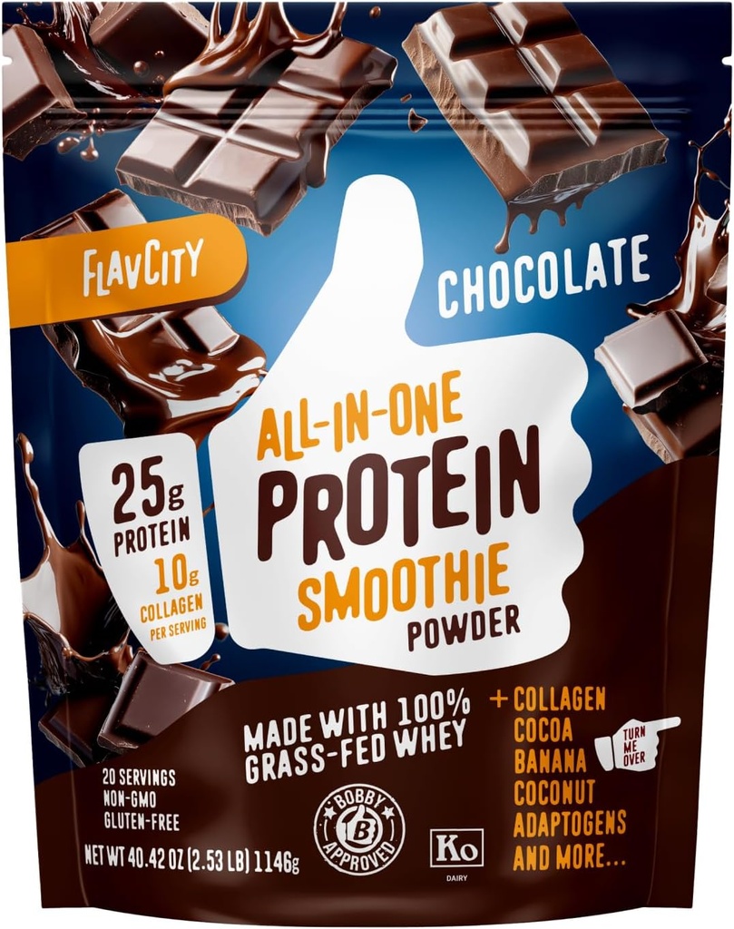 FlavCity Grass Fed Whey Chocolate Protein Powder - 25g Protein & 10g Collagen - Made with Organic Cocoa, Bananas & Coconut Milk - gluten Free & No Add Sugars (20 Servings)