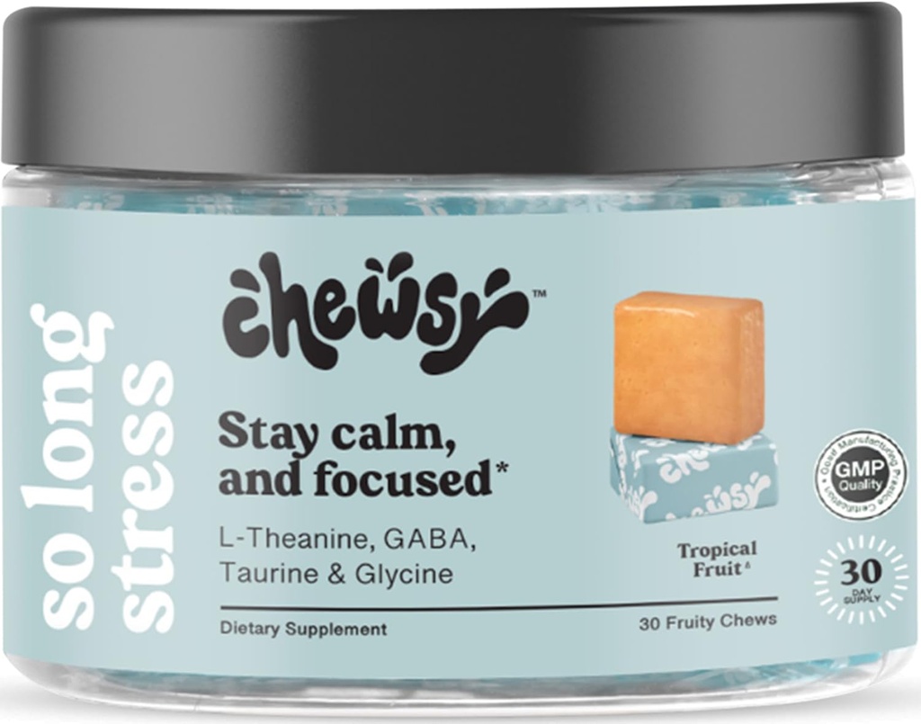 Chewsy So Long Stress, Calm Fruity Chews, Stay Calm & Focus. w / L- theanin, aminokyselina, GABA, glycin, tyrosin, taurin a hořčík. Non- GMO a gluten- Free. Tropické ovocné žvýkání, 30- denní zásobování