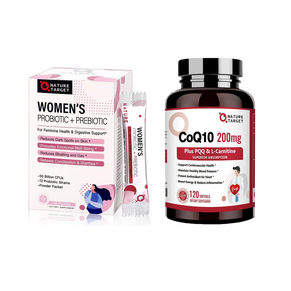 NATURE TARGET Probiotika Práškový dodatek pro ženy & CoQ10-200mg s PQQ L- karnitin & Omega-3s Vysoká absorpce