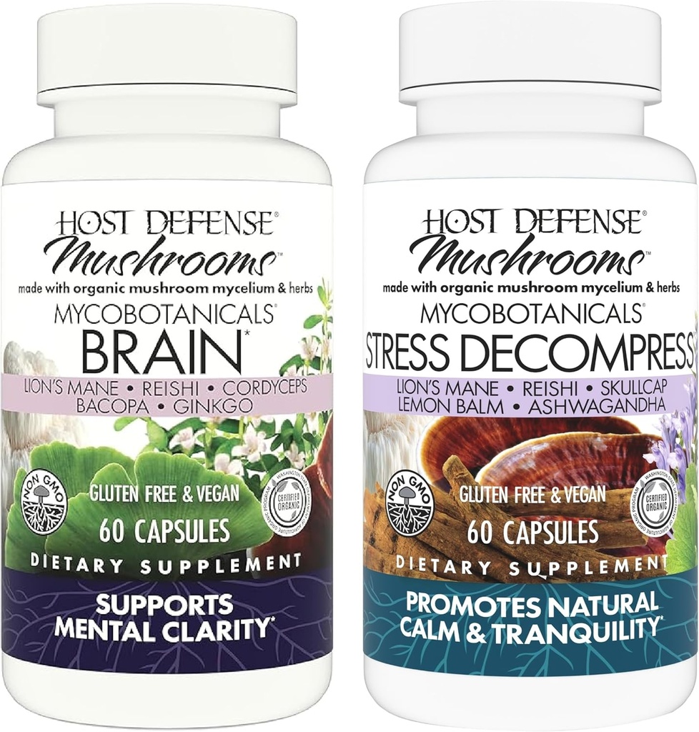 Hostitelské obranné pouzdro s MycoBotanicals Brain * Kapsle, 60 Počet & MycoBotanicals Stres Decompress * Kapsle, 60 Počet - Podpora paměti a zaměření - Podpora relaxace *