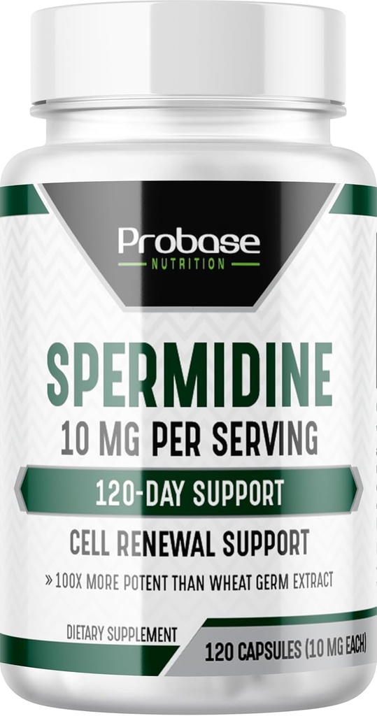 Probase Nutrition Spermidin (10mg 99% Spermidine 3HCL - Testováno třetí stranou) 120 Kapsle - 100x Více potentní než pšeničné klíčky Extract, Telomere Health a stárnutí 120- Day Supply - Efektivní jako NMN