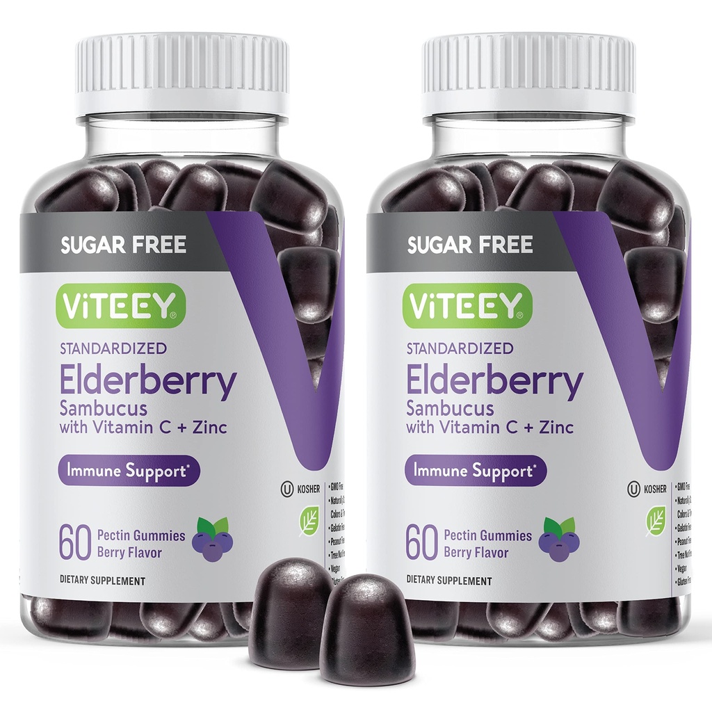 VITEEY Sambucus Elderberry Gummies pro dospělé a dospívající + zinek a vitamín C - bez cukru - Imunitní podpora & Booster Herbal dodatek - Vegan, gluten zdarma, želatina zdarma, GMO zdarma, žvýkací Berry ochucené
