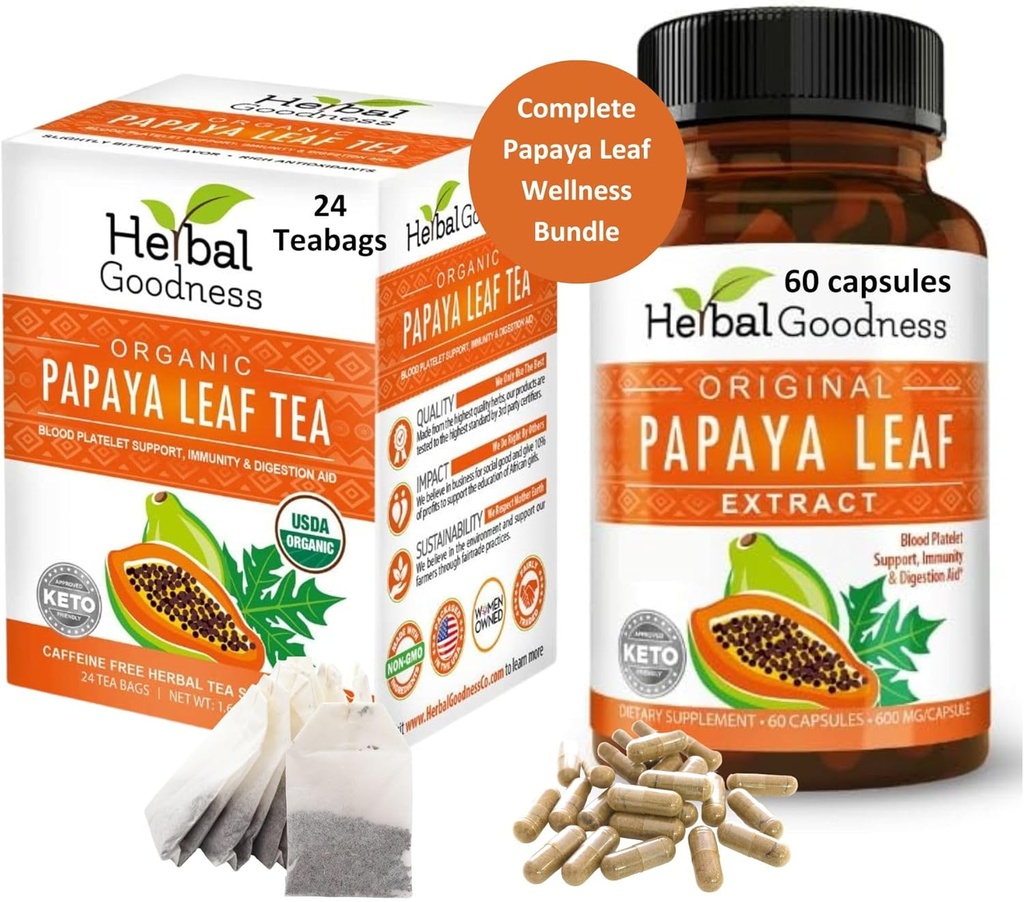Papaya Leaf Extract Capsule a Papaya Leaf Tea Bundle - Kompletní podpora imunitního zdraví a trávicí wellness